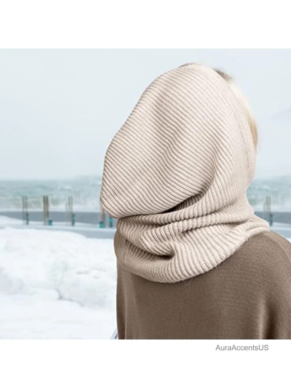 Hooded Scarf Hat Knit Balaclava with Drawstring Warm Winter Beanie